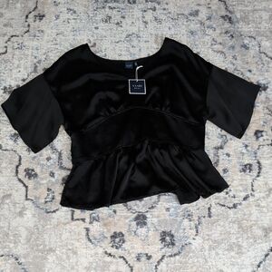 Kaari Blue Black Peplum Blouse XL Short Sleeve Smocked Waist NWT